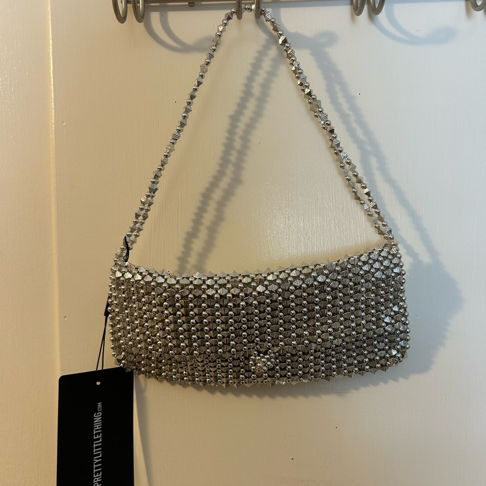 PrettyLittleThing Silver Beaded Clutch